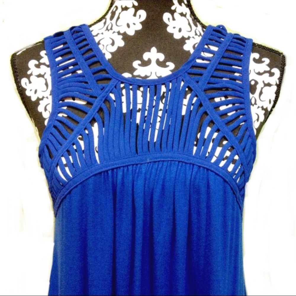 versatile blue cage front sleeveless dress